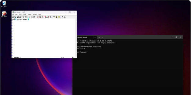 open an editor and type a print statement for hello world