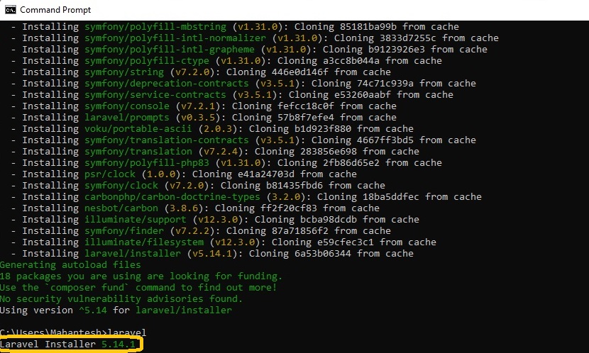The image shows the installed version of Laravel