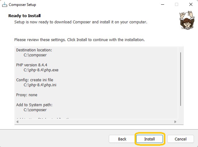 Setup is ready to download and install the composer on the computer