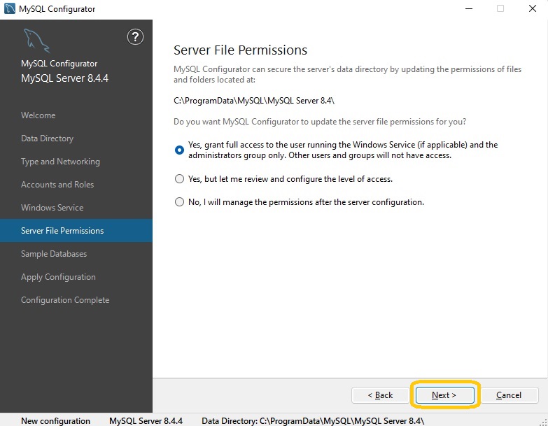 Permissions required to run the MySQL service on Windows