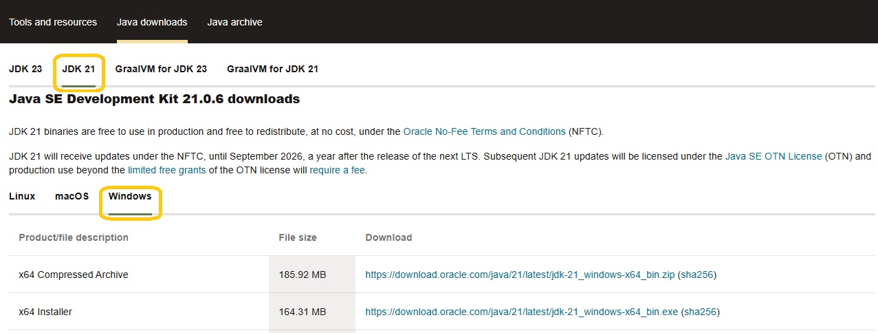 Navigate to the JDK 21 tab and click on the Windows link
