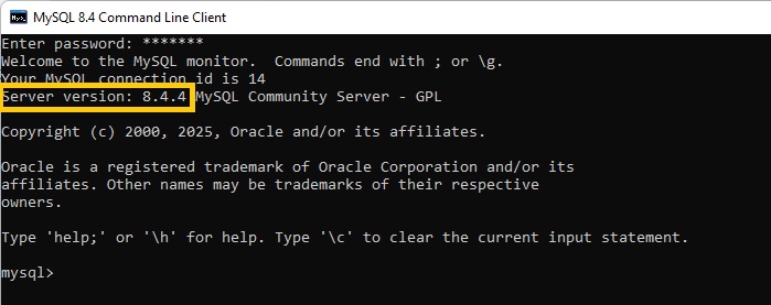 MySQL version will be displayed