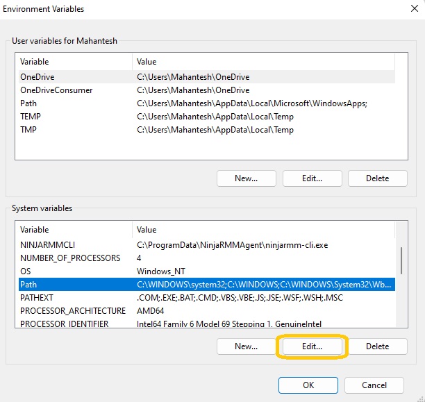 locate the Path variable and click Edit