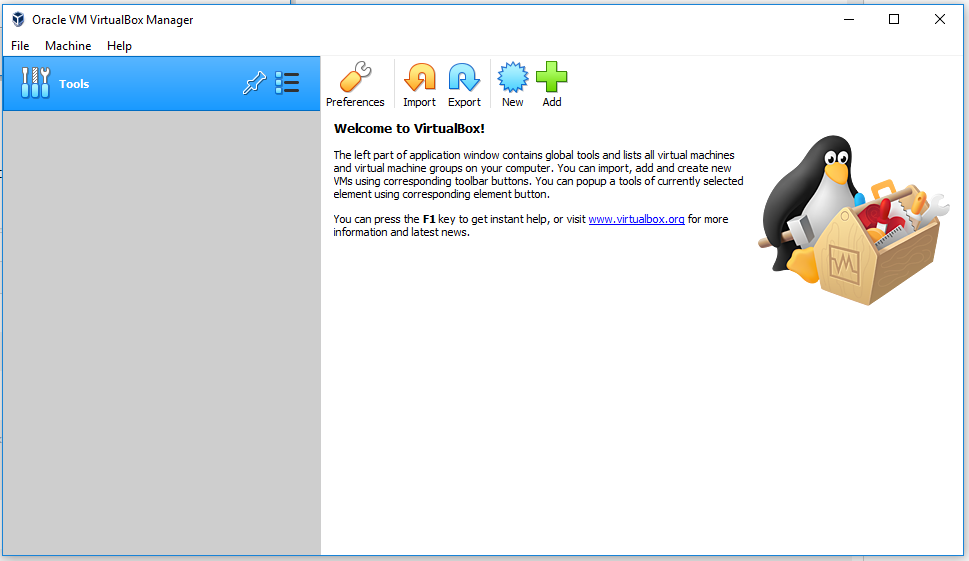 VirtualBox - Welcome Screen VirtualBox - Welcome Screen