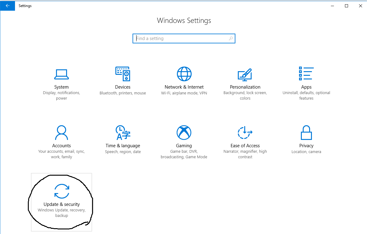 Windows - Update and Security Option Windows - Update and Security Option
