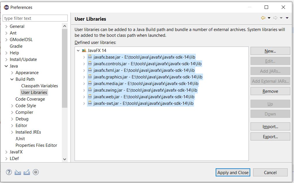 JavaFX SDK - Eclipse - User Library JavaFX SDK - Eclipse - User Library