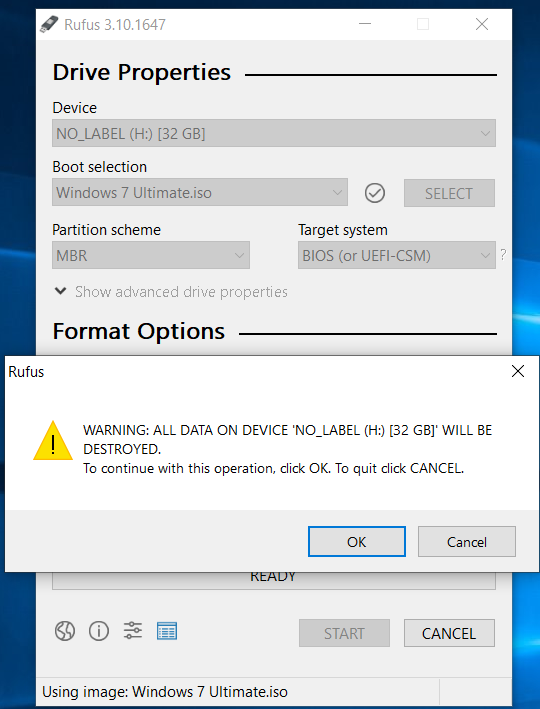 Windows 7 Bootable USB - Rufus Warning Windows 7 Bootable USB - Rufus Warning