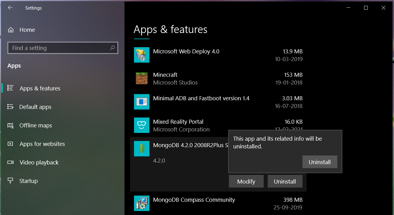 Uninstall MongoDB from Windows and Ubuntu - Uninstall Windows