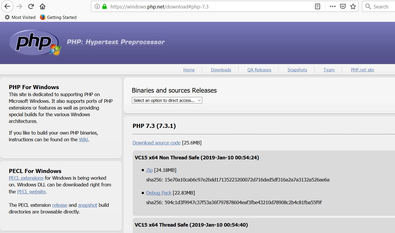 PHP Download Site for Windows