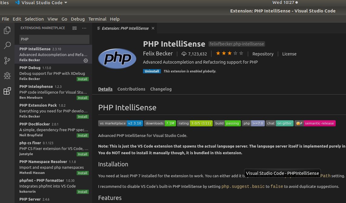 VSCode PHP Intellisense