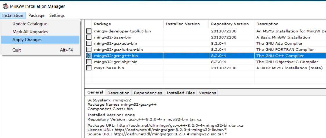 MinGW Installation Manager Apply
