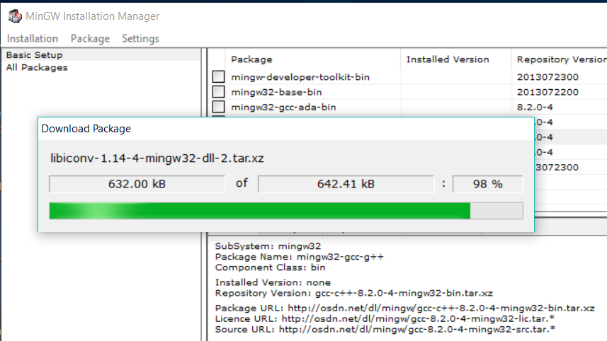 MinGW Installation Manager Progress