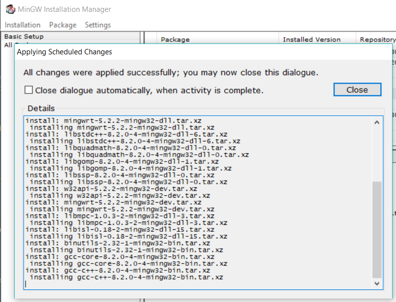 MinGW Installation Manager Finish
