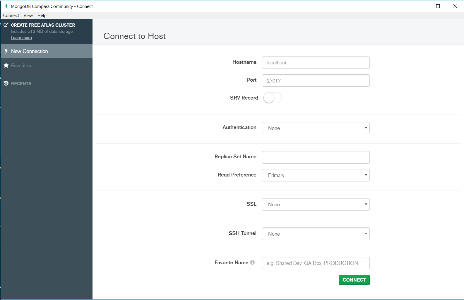 MongoDB Compass Welcome Screen