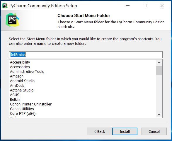 PyCharm Start Menu