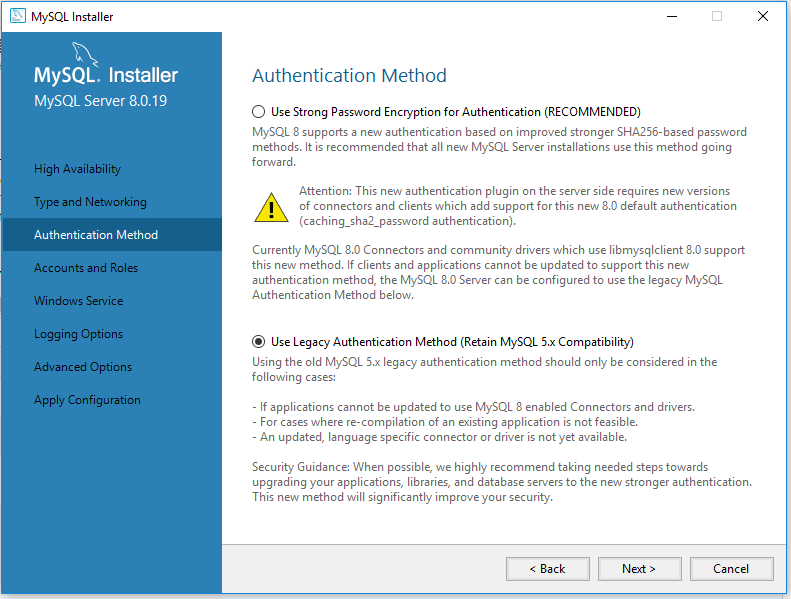 MySQL 8 Installation - Authentication Method