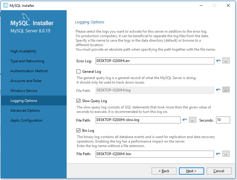 MySQL 8 Installation - Logging