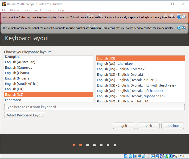 Ubuntu On VirtualBox - Choose Keyboard Layout