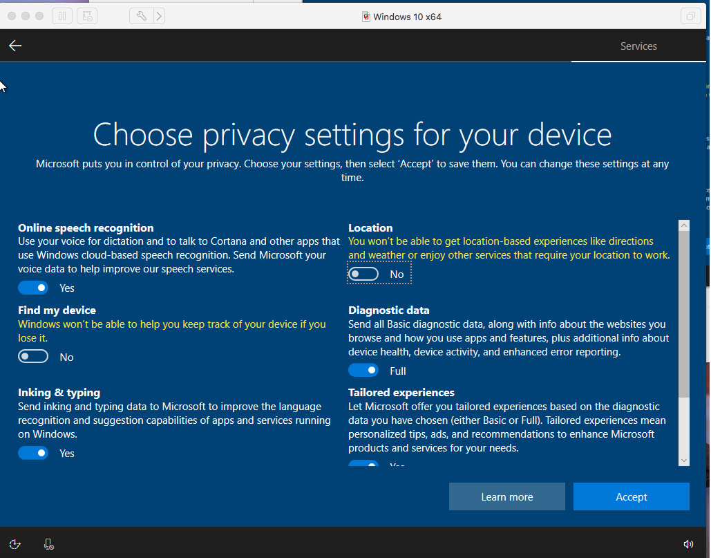 Windows - VMware Fusion - Privacy Settings