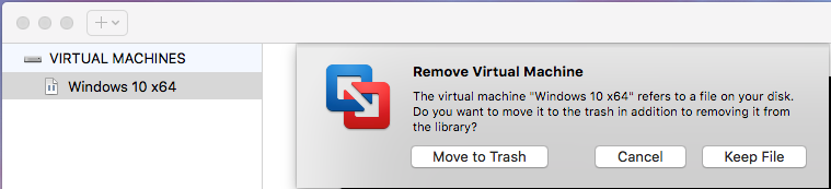 VMware Fusion - Delete Virtual Machine - Delete Options