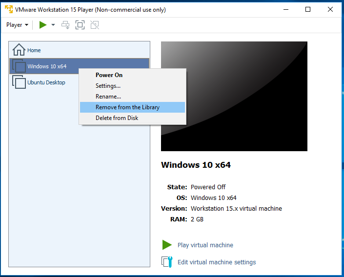 VMware Workstation Player - Remove Virtual Machine