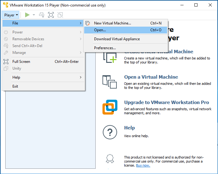 VMware Workstation Player - Import - Open