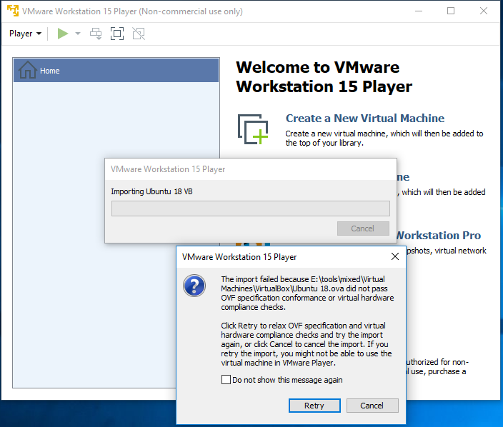 VMware Workstation Player - Import - Progress