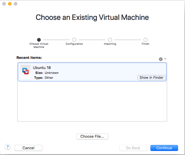 VMware Fusion - Import Virtual Machine - Choose VMware Fusion - Import Virtual Machine - Choose