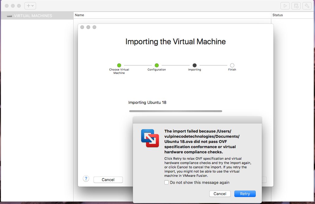 VMware Fusion - Import Virtual Machine - Import