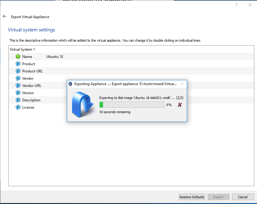 VirtualBox - Export - Progress