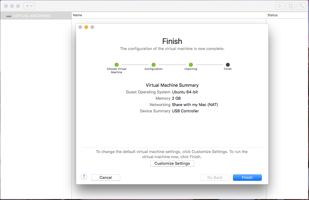 VMware Fusion - Import Virtual Machine - Finish VMware Fusion - Import Virtual Machine - Finish