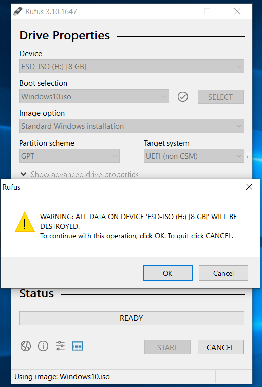 Windows 10 Bootable USB - Rufus Warning