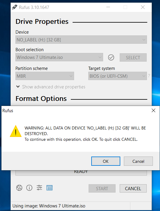 Windows 7 Bootable USB - Rufus Warning