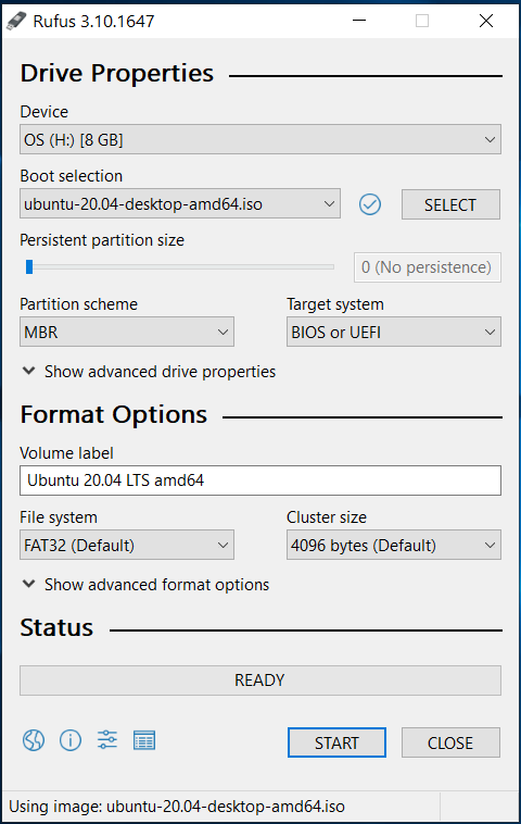 Bootable USB - Ubuntu 20.04 LTS - Rufus with ISO