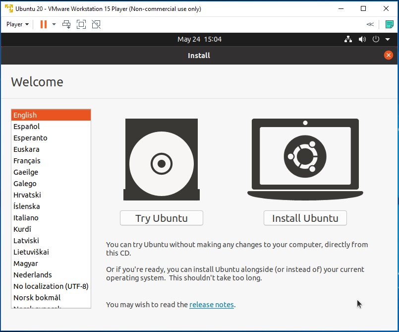 Ubuntu 20.04 LTS on Windows using VMware - Language and Install