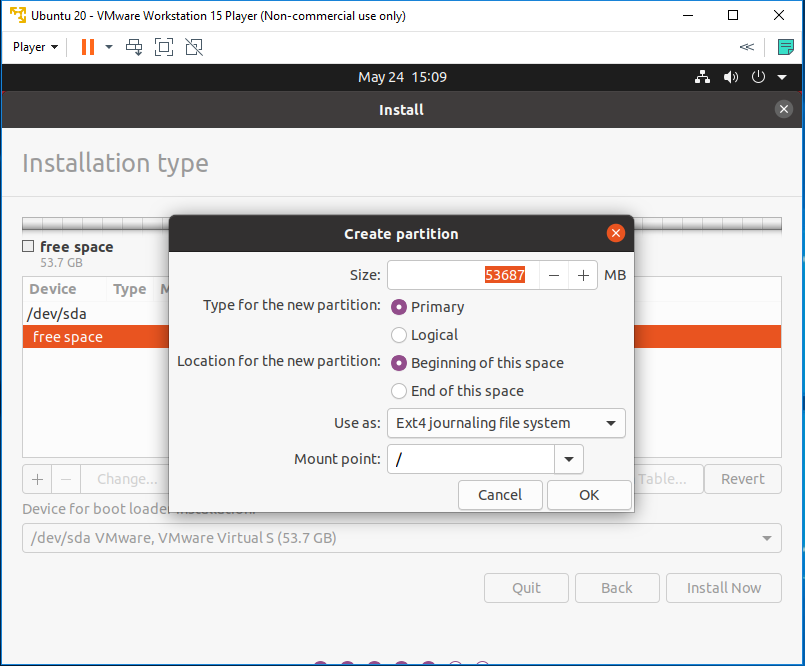 Ubuntu 20.04 LTS on Windows using VMware - Root Drive