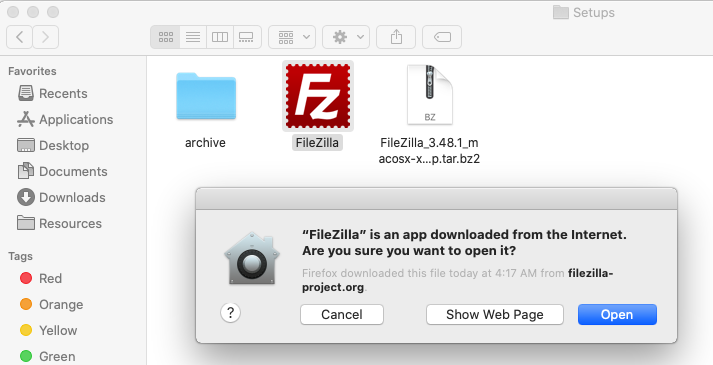 Install FileZilla On macOS Catalina - Application Permission