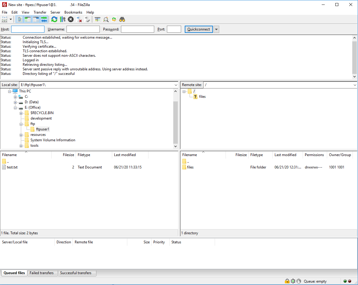 Install FileZilla On Windows 10 - FTP over TLS - Connected