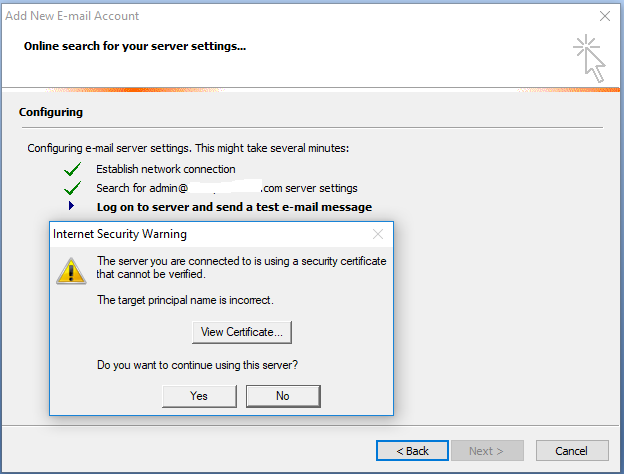 Outlook Autodiscover - Add Email Account - SSL Certificate Warning