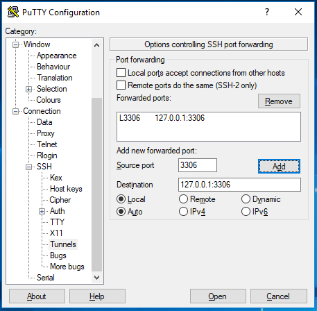 Remote Connection To MySQL Over SSH Tunnel - Putty - Port Forwarding