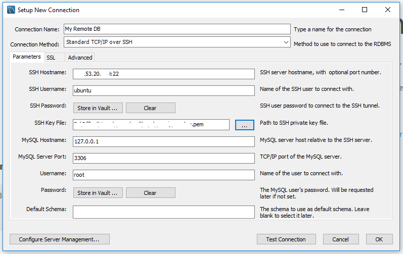 Workbench - MySQL Server - SSH Tunnel - Configure