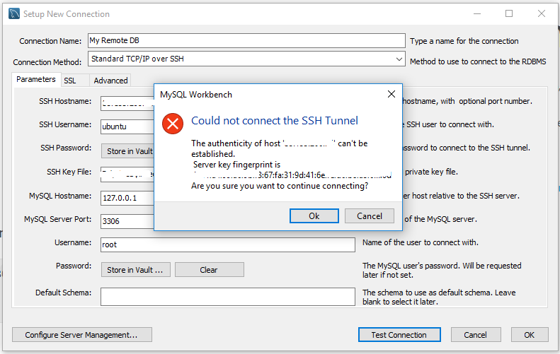 Workbench - MySQL Server - SSH Tunnel - Warning