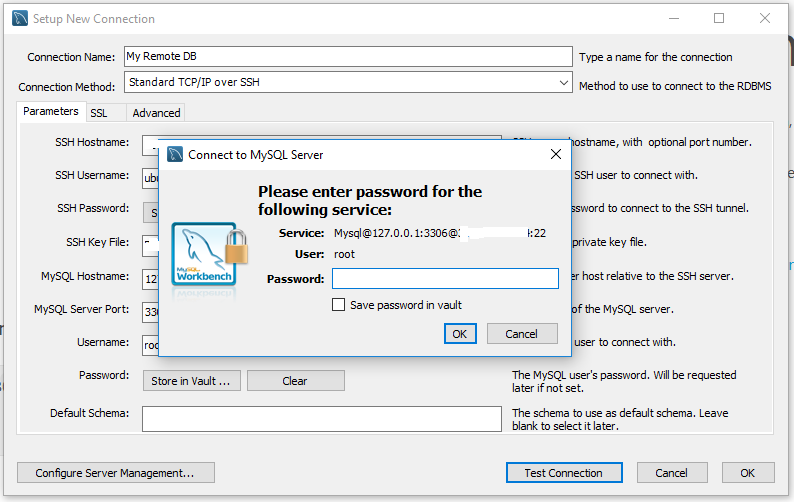 Workbench - MySQL Server - SSH Tunnel - Password