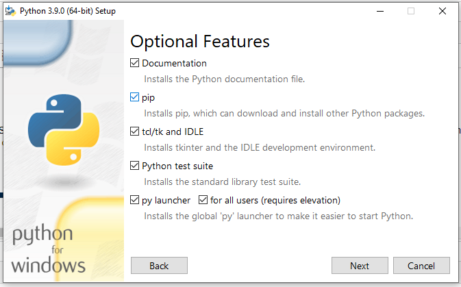 Install Python 3.9 On Windows 10 - Optional Features