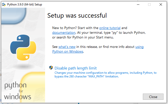 Install Python 3.9 On Windows 10 - Success Install Python 3.9 On Windows 10 - Success
