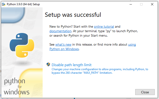 Install Python 3.9 On Windows 10 - Success