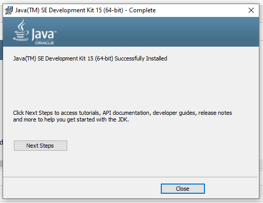 Install Java 15 on Windows 10 - Installed