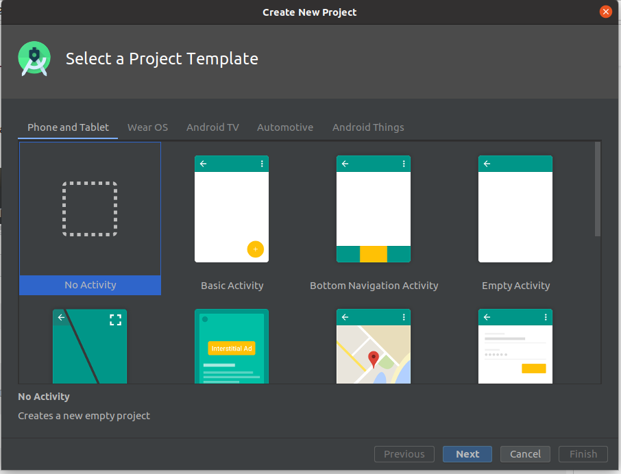 Install Andriod Studio On Ubuntu 20.04 - Choose Project Template Install Andriod Studio On Ubuntu 20.04 - Choose Project Template