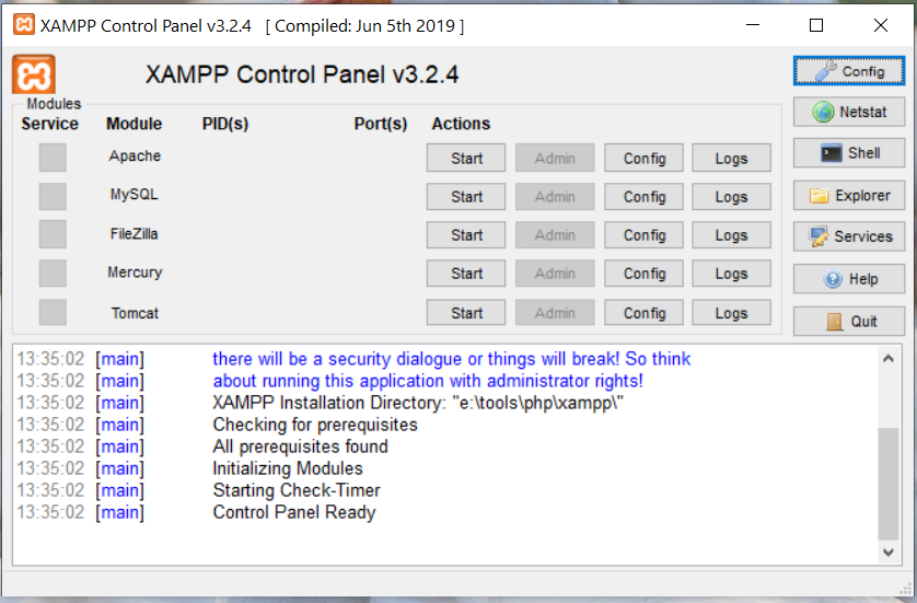 Install XAMPP on Windows 10 - Control Panel