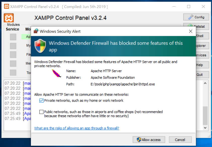 Install XAMPP on Windows 10 - Security Warning